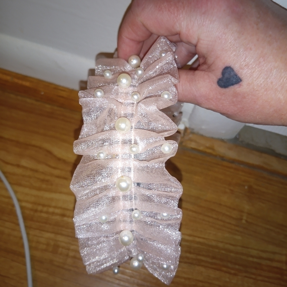 Gorgeous Pink Ruffled Tulle Headband with Faux Pearls | Bridal, Coquette, Fairyc - Picture 4 of 13
